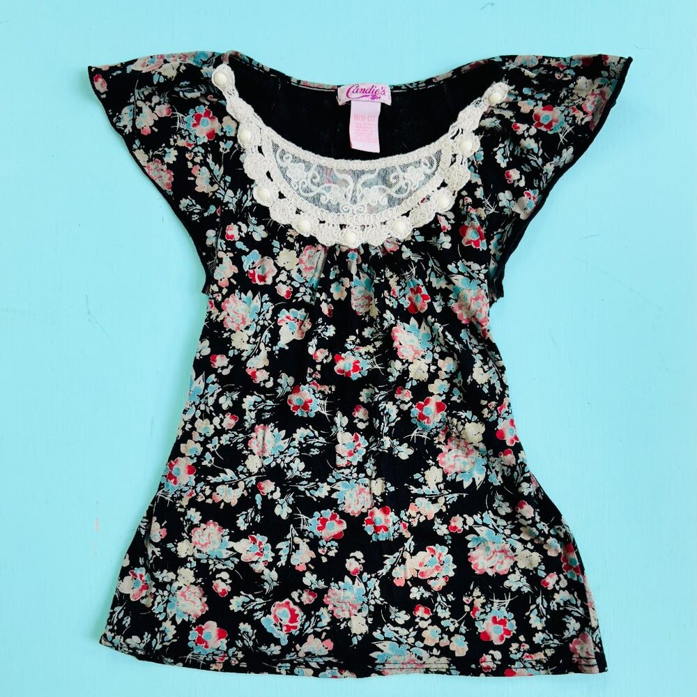 Candie's Floral Boho Peasant Top Lace Crochet Girls 10 12 Flutter Sleeve